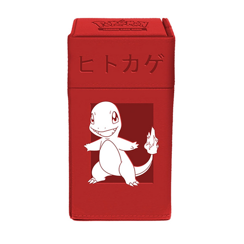 Red card game box with a white character design on a white background