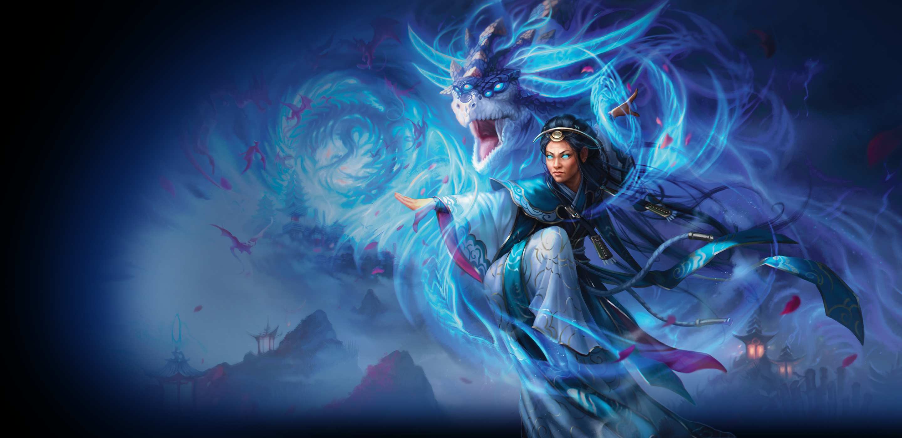 Fantasy character with dragon and mystical energy in a dark, mystical setting