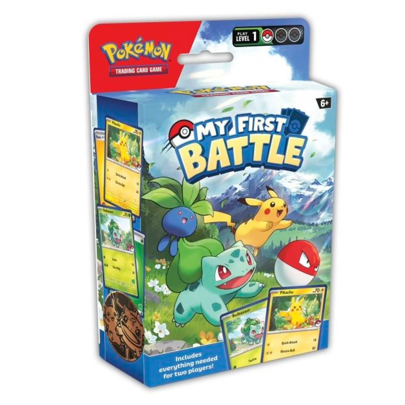 Pokémon trading card game packaging with cartoon characters on a white background