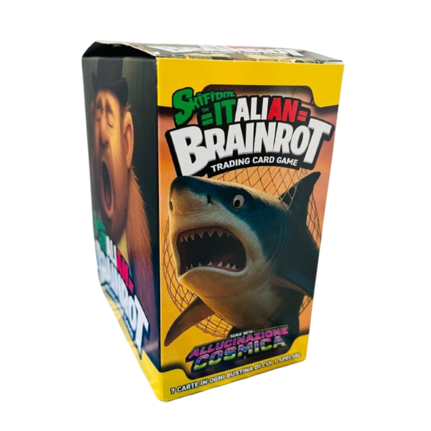 Trading card game box with shark illustration and text on a yellow background