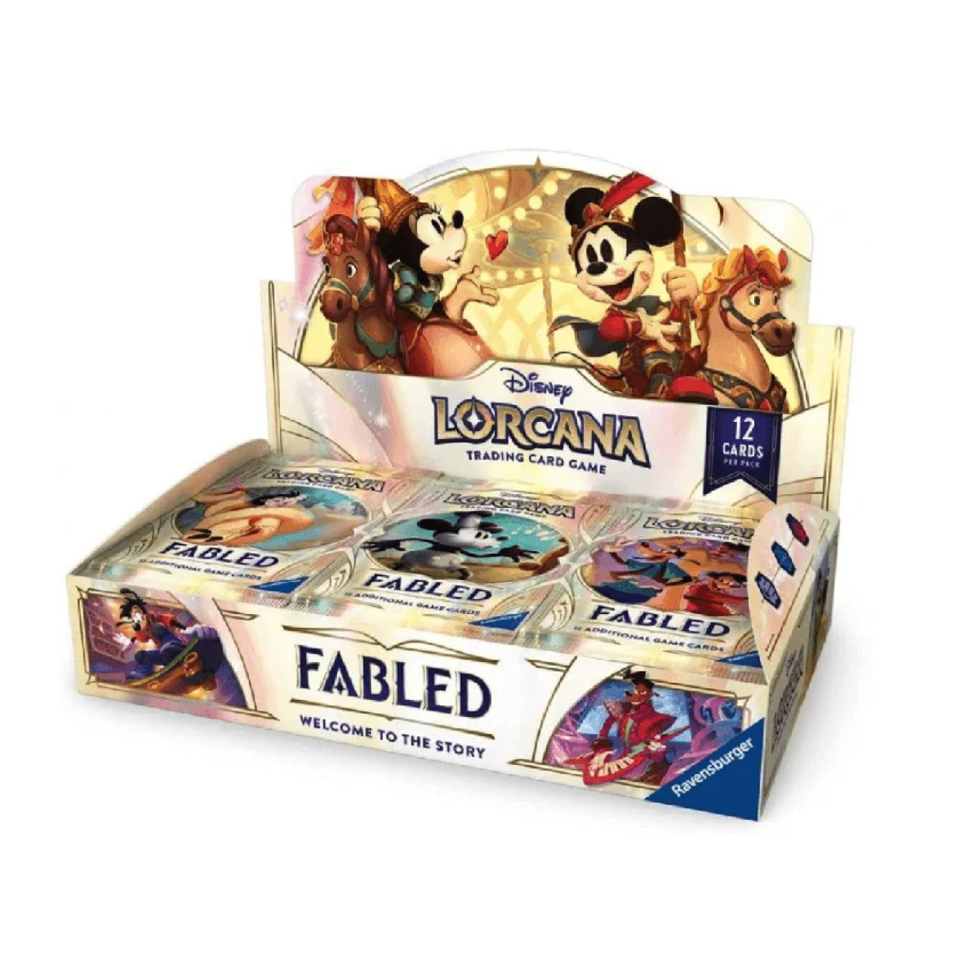 Display box of Disney Lorcana trading card game featuring animated characters.