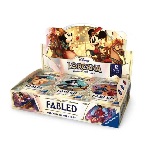 Display box of Disney Lorcana trading card game featuring animated characters.
