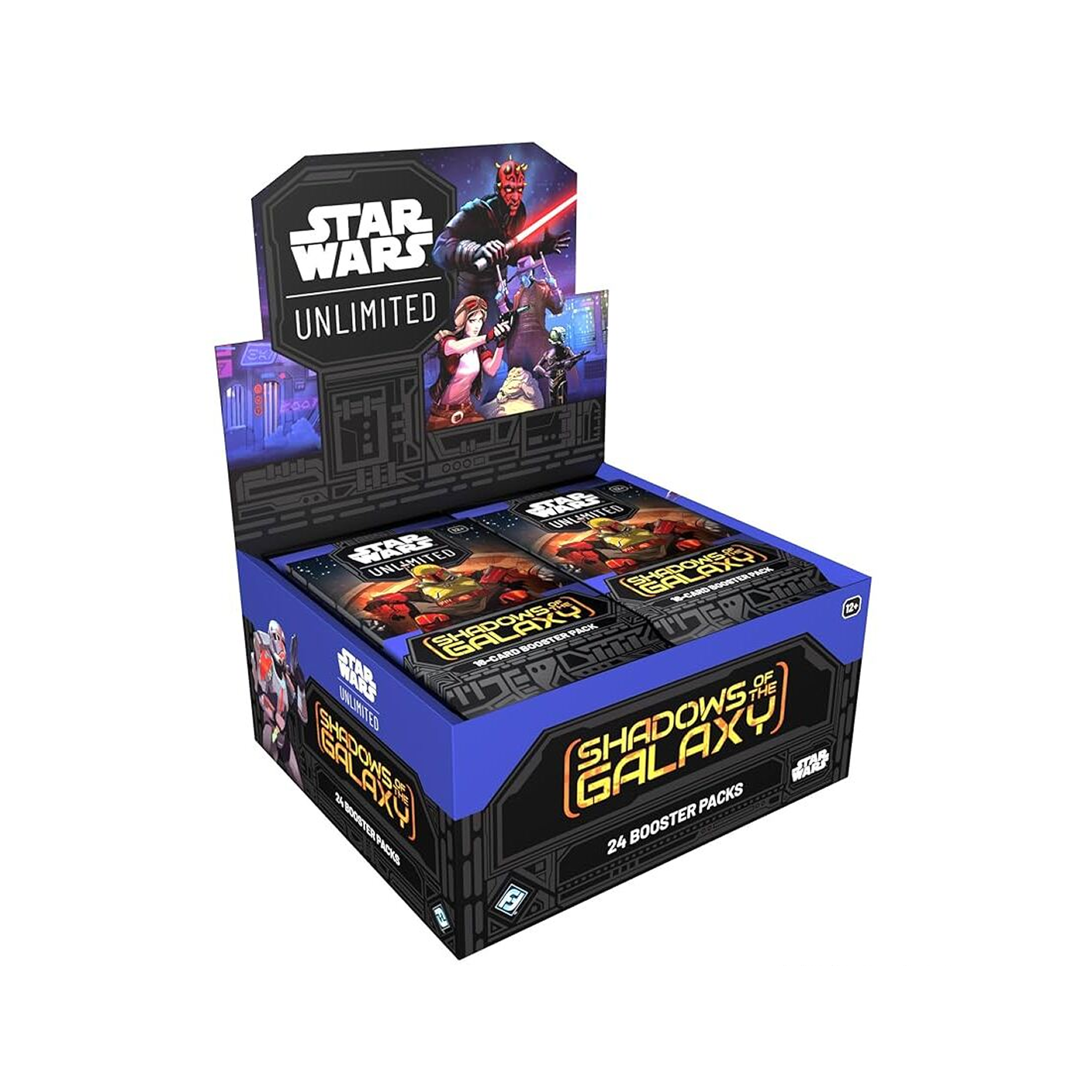 Star Wars trading card game box with 'Unlimited' and 'Shadows of Galaxx' branding on a white background