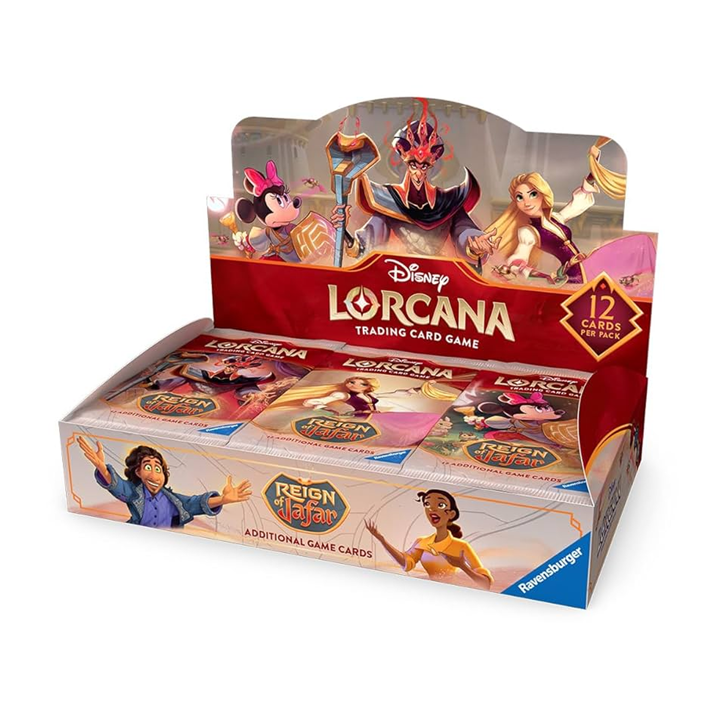 Disney Lorcana trading card game packaging with characters on a white background