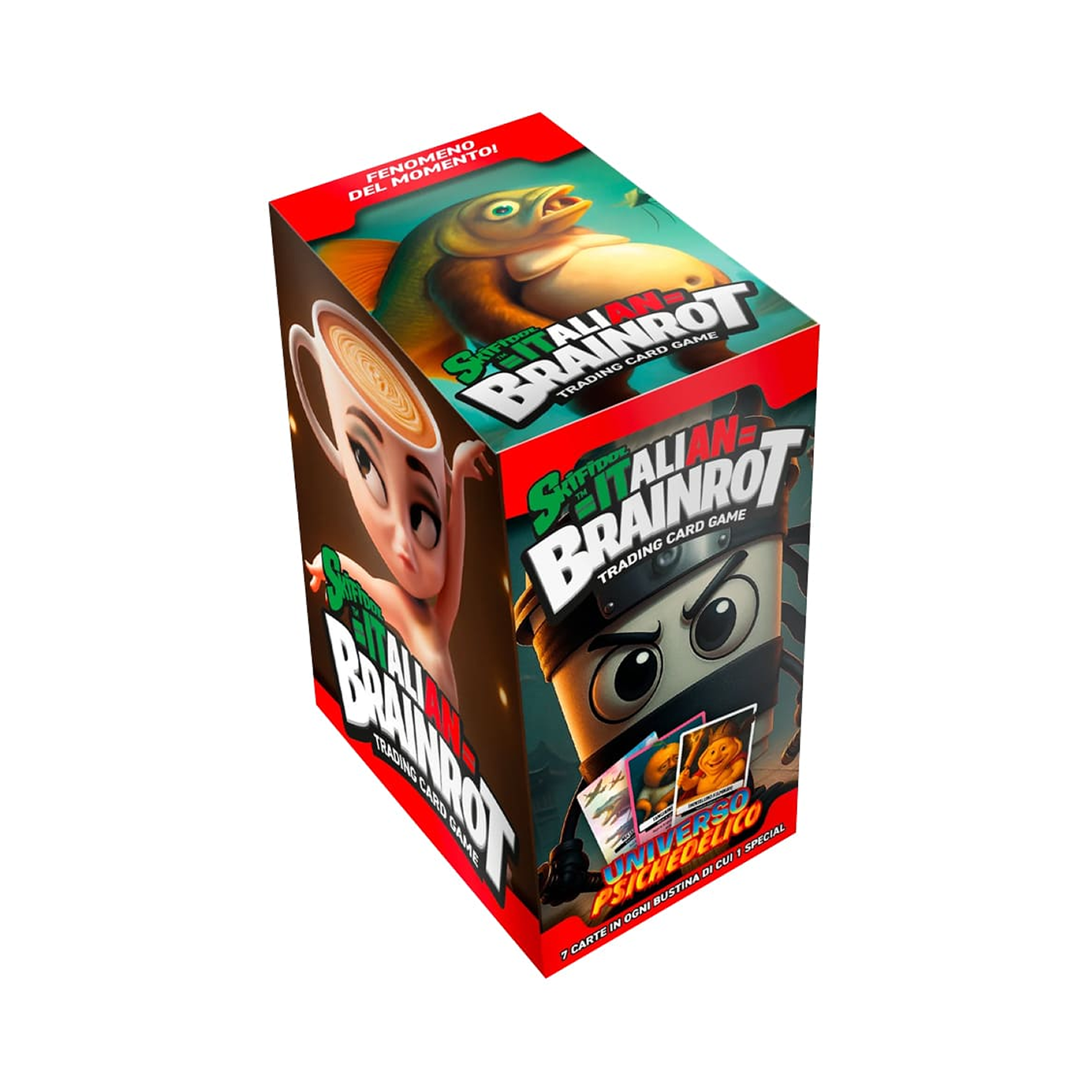 Trading card game box featuring cartoon characters on a white background