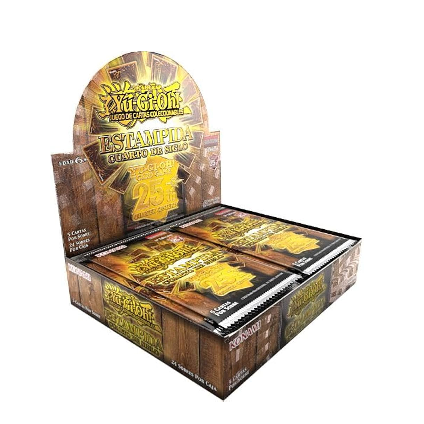 Card game box with wooden design and gold text on a white background