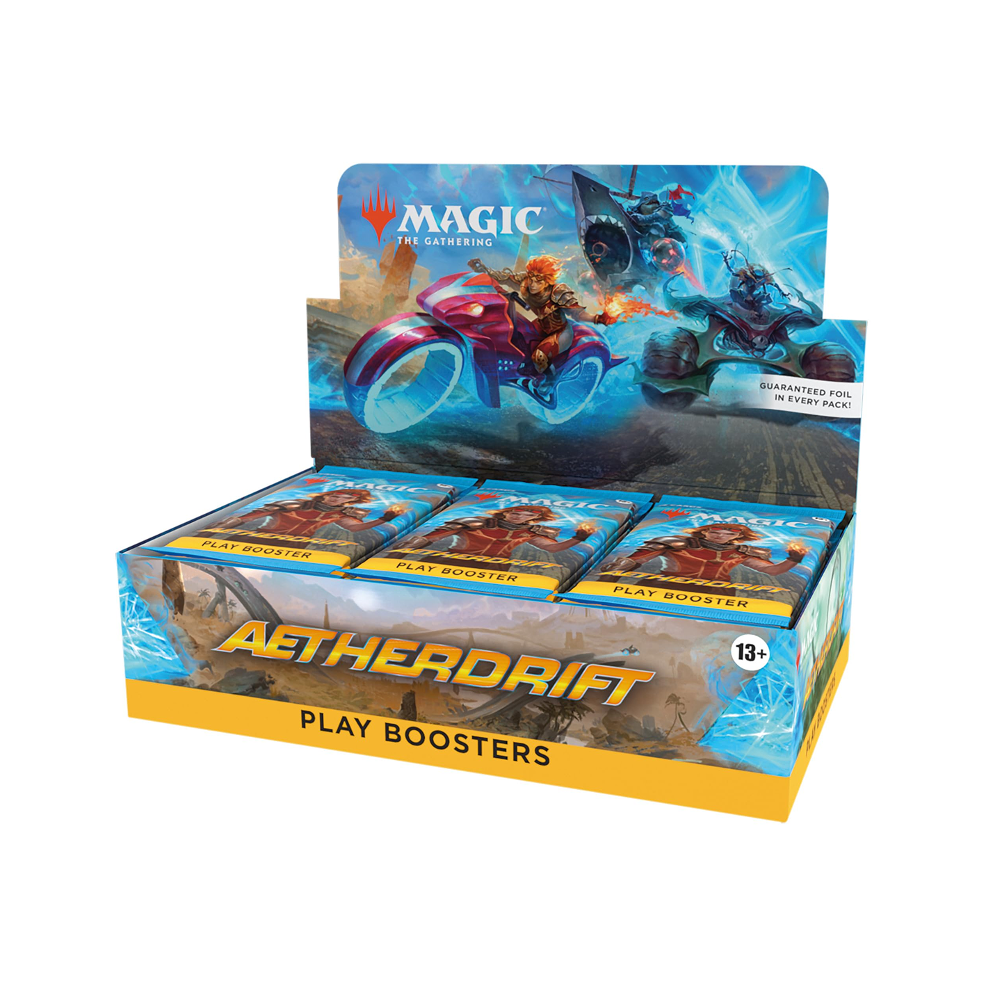 Box of 'Aetherdrift' play boosters with 'Magic: The Gathering' branding on a white background.