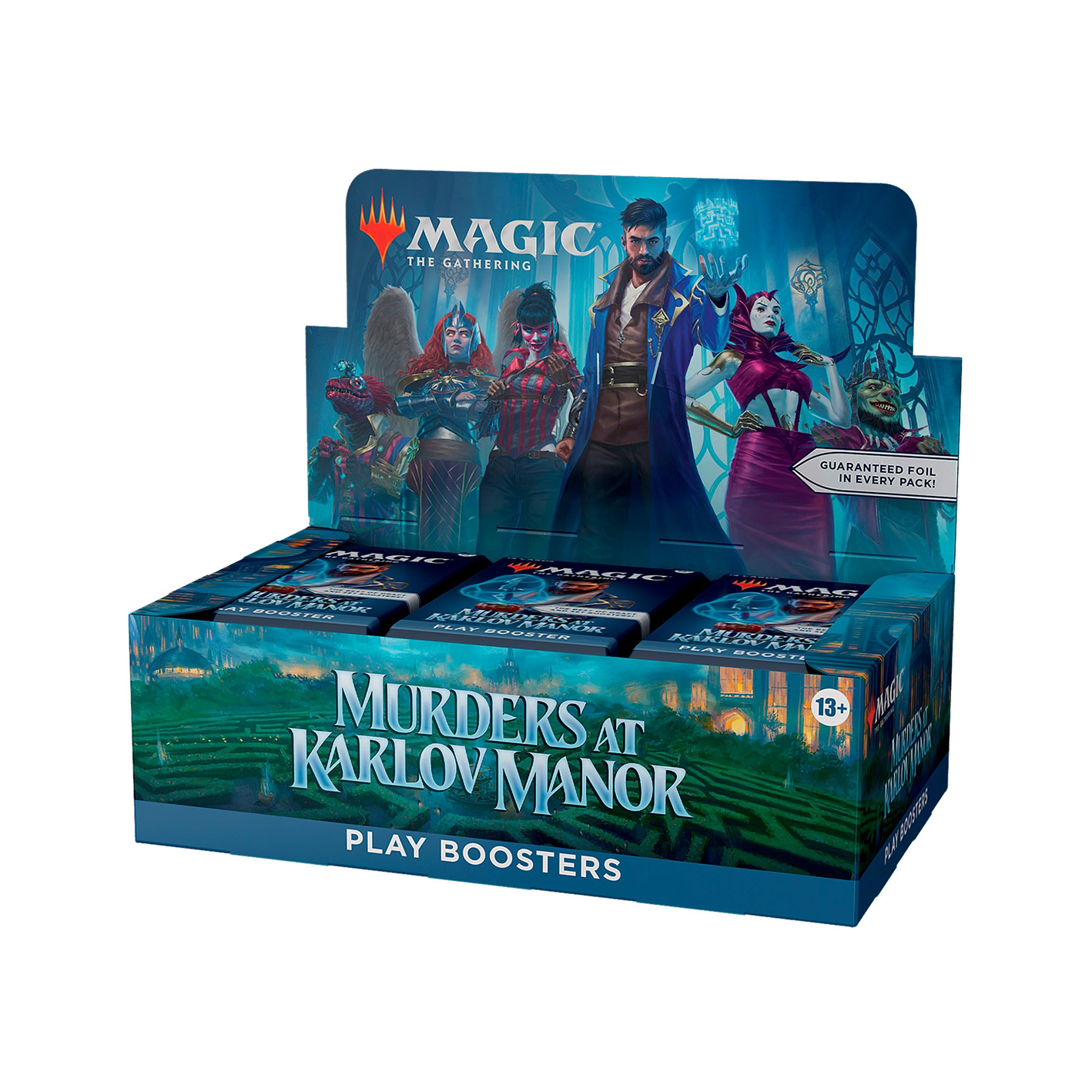 Display box of 'Murders at Karlov Manor' play boosters for 'Magic: The Gathering' on a white background.