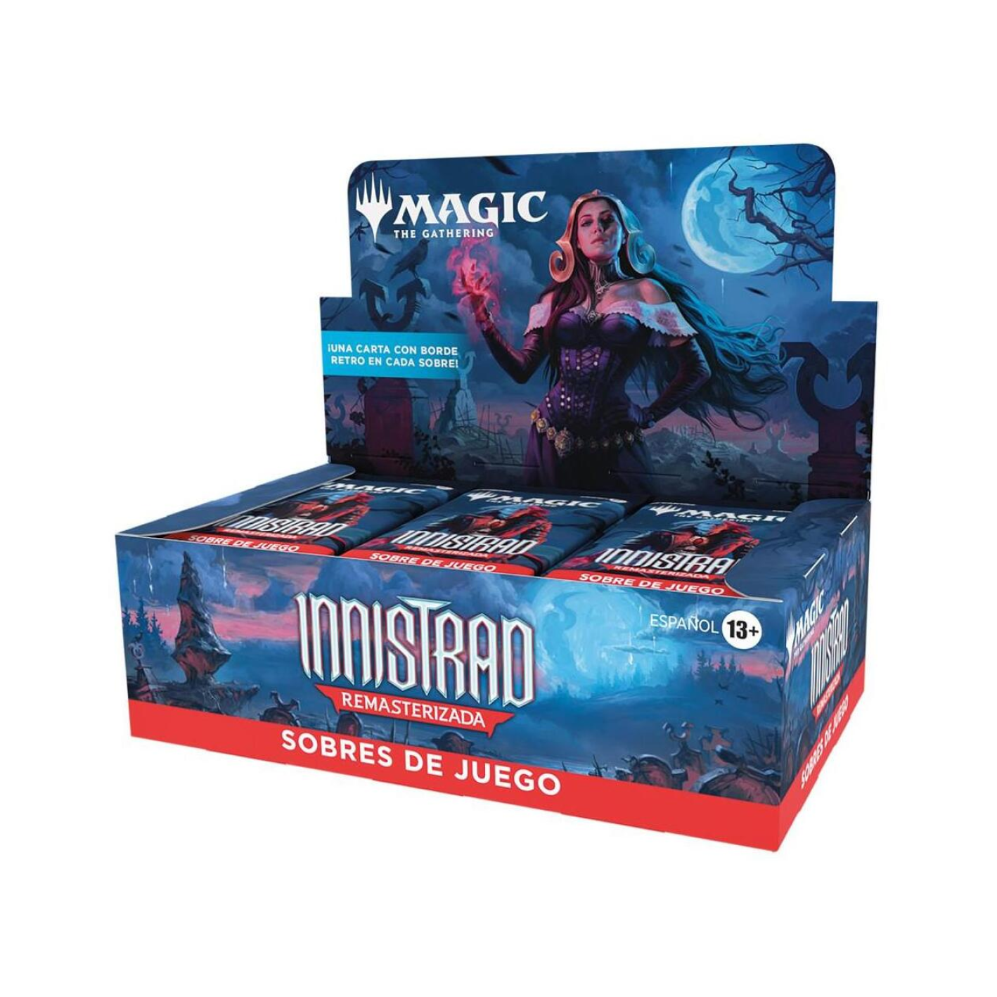 Display box of 'Magic: The Gathering' Innistrad Remastered game cards on a white background