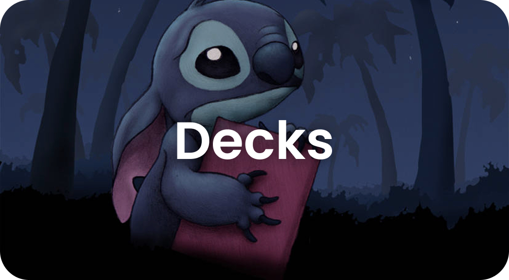 Cartoon character holding a book titled 'Decks' in a dark forest setting