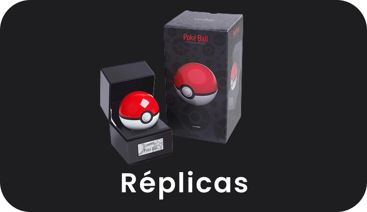 Red and white Poké Ball replica with packaging on a black background