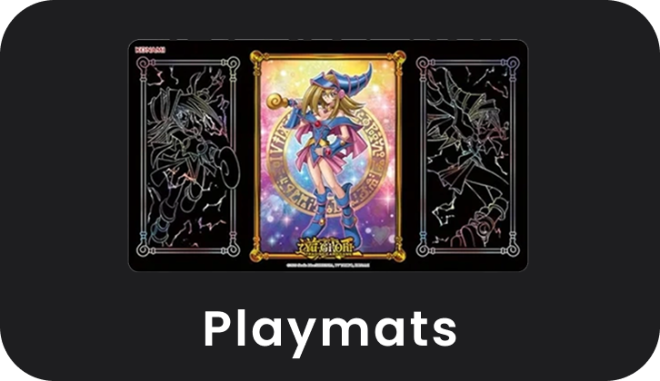 Card game playmat with character illustration on a black background