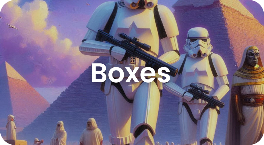 Star Wars stormtroopers and desert scene with 'Boxes' text overlay