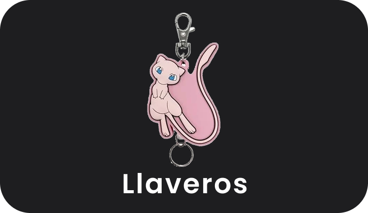 Pink cat-shaped keychain on a black background with 'Llaveros' text.